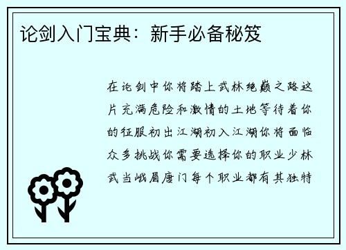 论剑入门宝典：新手必备秘笈